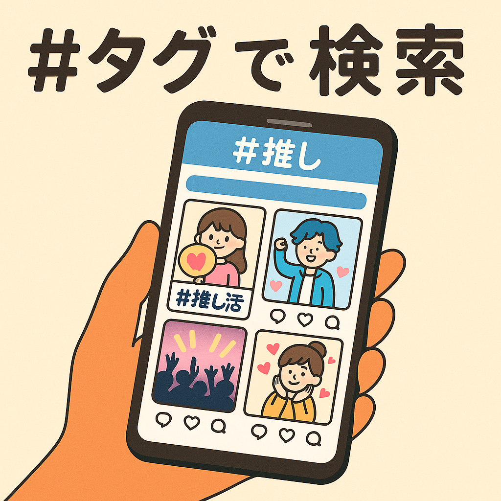 SNSハッシュタグを検索して界隈を観察しているイメージ