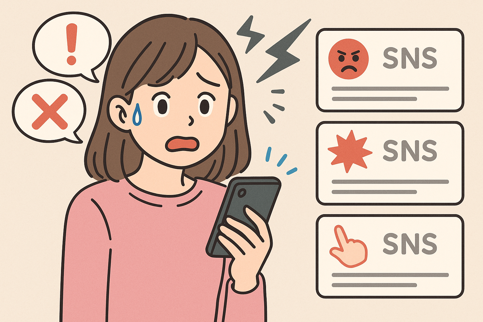 SNSでトラブルに焦る初心者の女の子イラスト