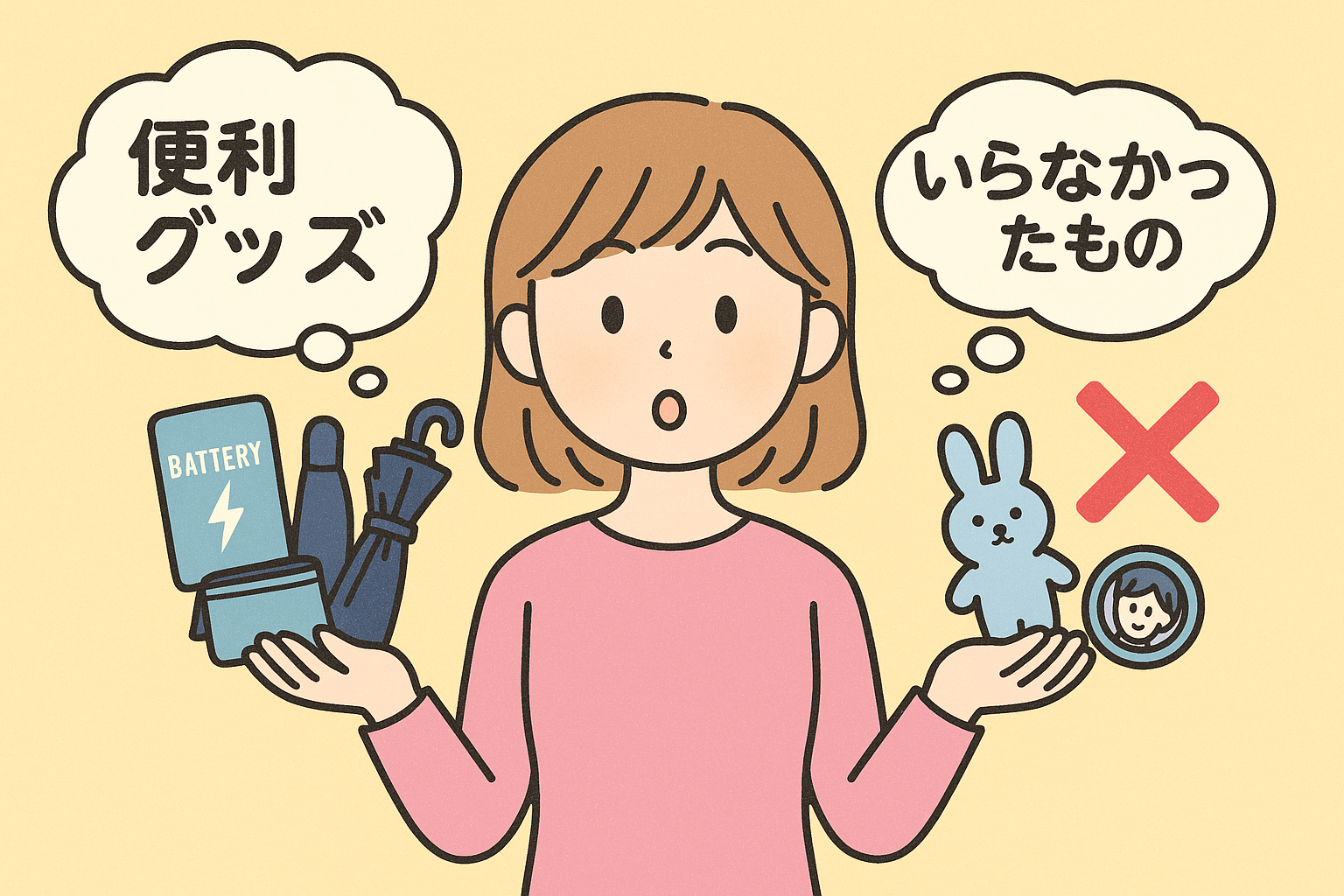 便利グッズといらなかったグッズを比較する女の子のイラスト