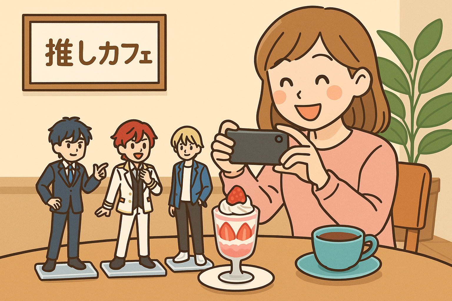 推しカフェでアクスタを並べて写真を撮っている女子のイラスト