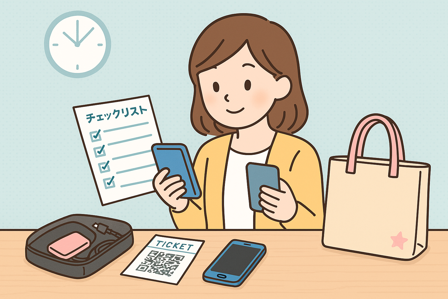 ひとり参戦前に荷物と時間を確認する女子のイラスト