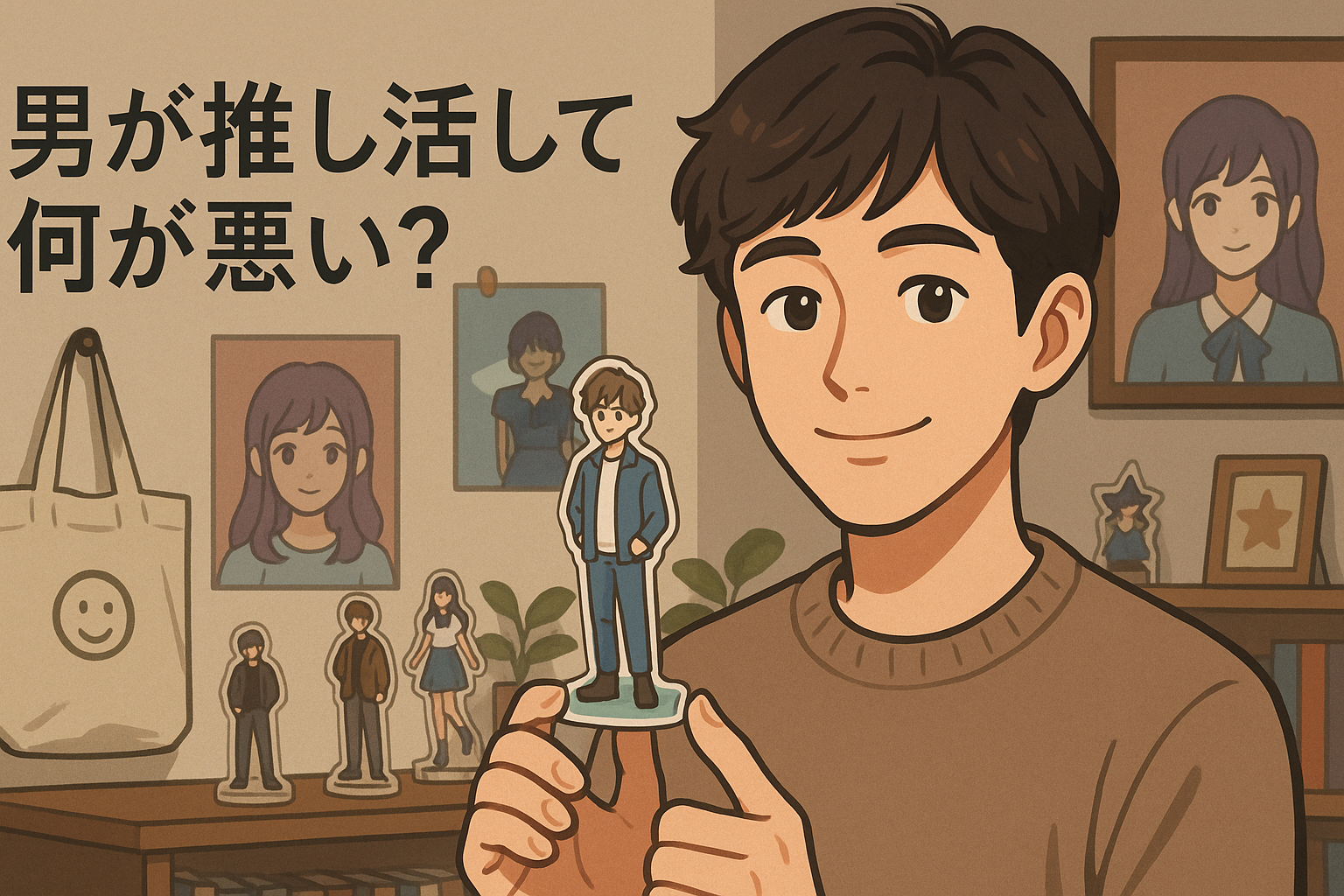 「男の推し活入門ガイド」というテキストとともに、推しグッズに囲まれた若い男性が笑顔でリラックスしている横長イラスト。背景にはアクスタや痛バ、カフェアイテムなどが並び、自然体で推し活を楽しむ様子が描かれている。