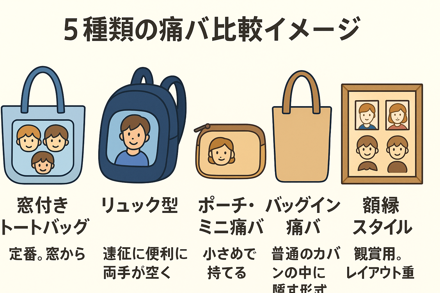 5タイプの痛バ比較イメージ（トート・リュック・ポーチなど）