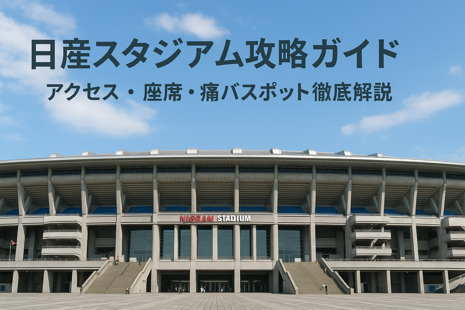 日産スタジアムの正面外観と青空の下に広がる開放的なライブ会場の風景（攻略ガイド用アイキャッチ）