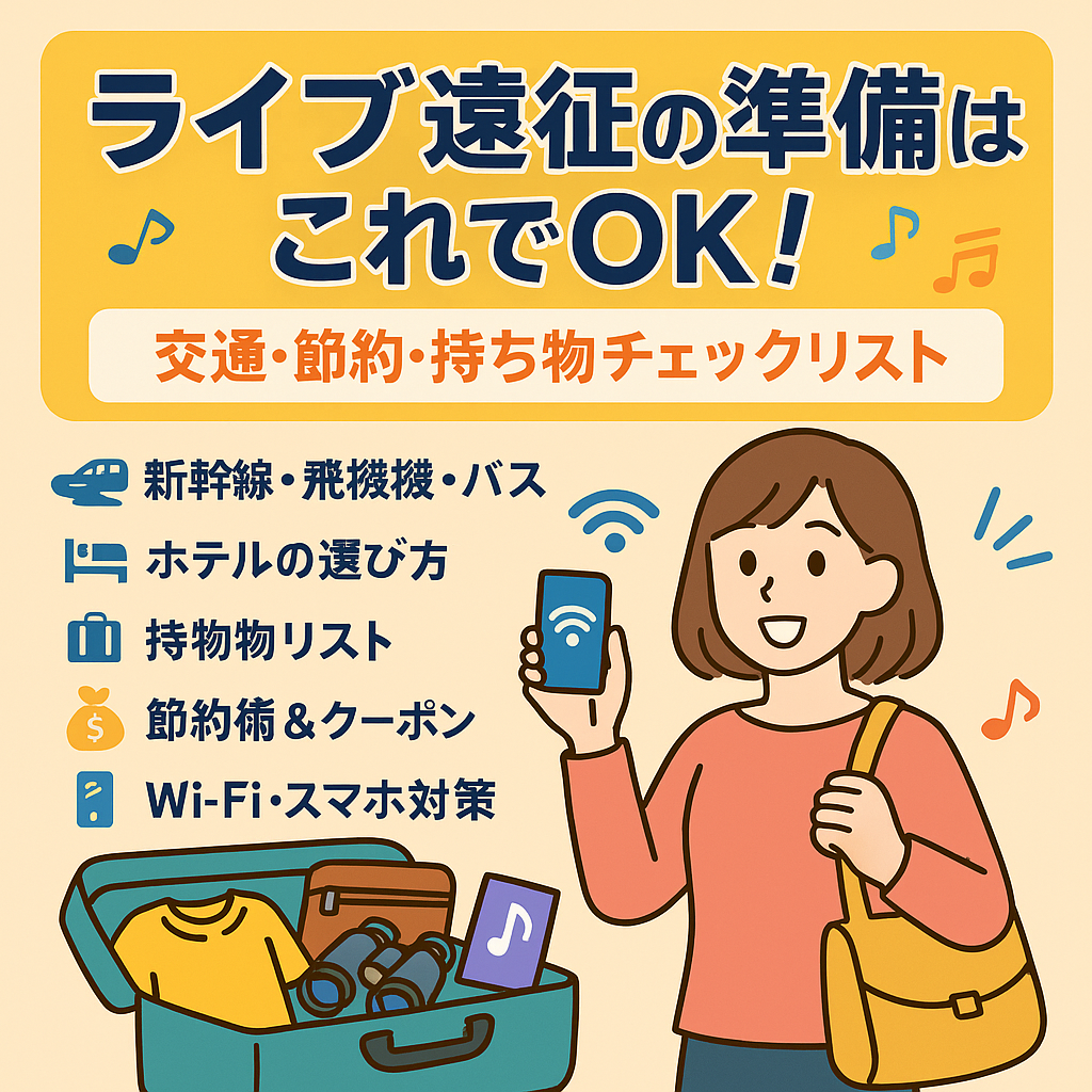 ライブ遠征の準備をテーマにしたカラフルなイラスト。新幹線、飛行機、荷造りをする人のシルエット、スマホとバッテリー、Wi-Fiマークなどが描かれている。